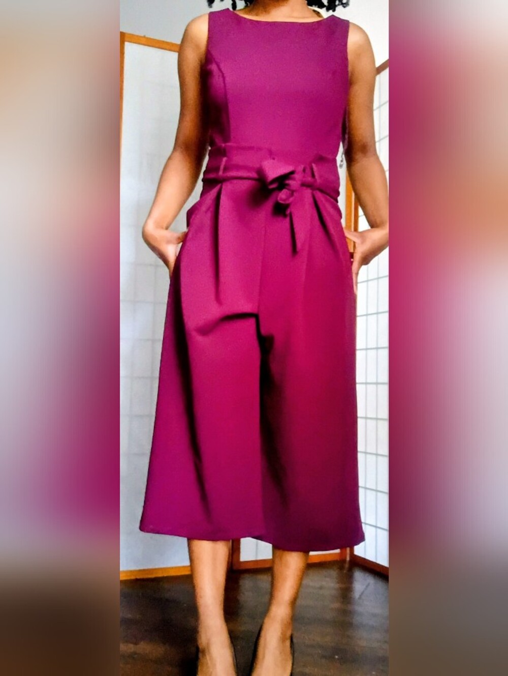London Times Burgundy Sleeveless Wide-Leg Jumpsuit with Waist Tie